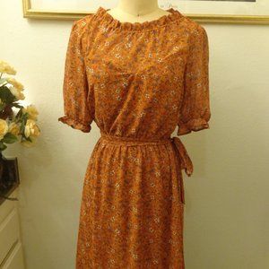 COPY - Monteau Baby Doll Floral Print Orange Midi Dress